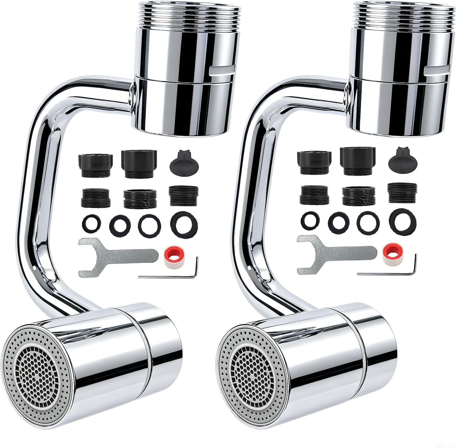 2PCS 1080° U-Shaped Faucet Extender, Rotatable Sink Attachment with 6 Connector Pieces & Sealing Rings, 2 Rinse Styles for Kitchen Bathroom Sink, Silver
