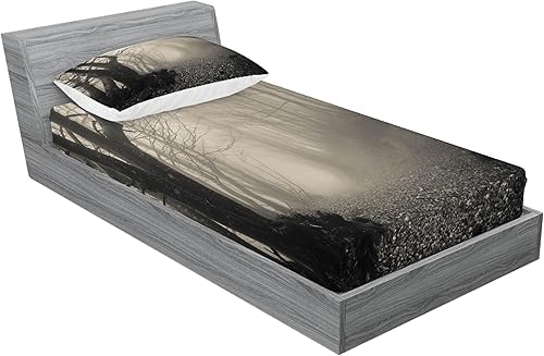 Miniatura 2 de Lunarable Juego de sábanas bajeras góticas y fundas de almohada, camino en el bosque gótico, árboles a través de la niebla misteriosa naturaleza