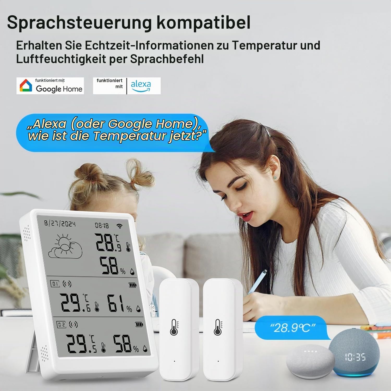 WLAN Thermometer Hygrometer Innen: Intelligenter Temperatur- und Feuchtigkeitsmonitor mit App-Benachrichtigungen und Kostenfreier Datenexport, kompatibel mit Alexa, 4 Sensoren und Basisstation