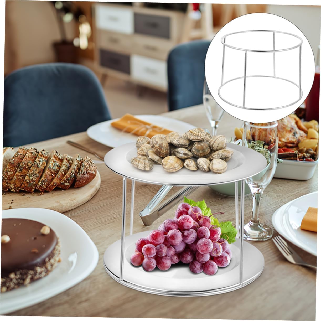 PRETYZOOM 2pcs Stainless Steel Double Layer Grill Rack Pizza Pan Seafood Serving Tray Food Holder Stand Lightweight