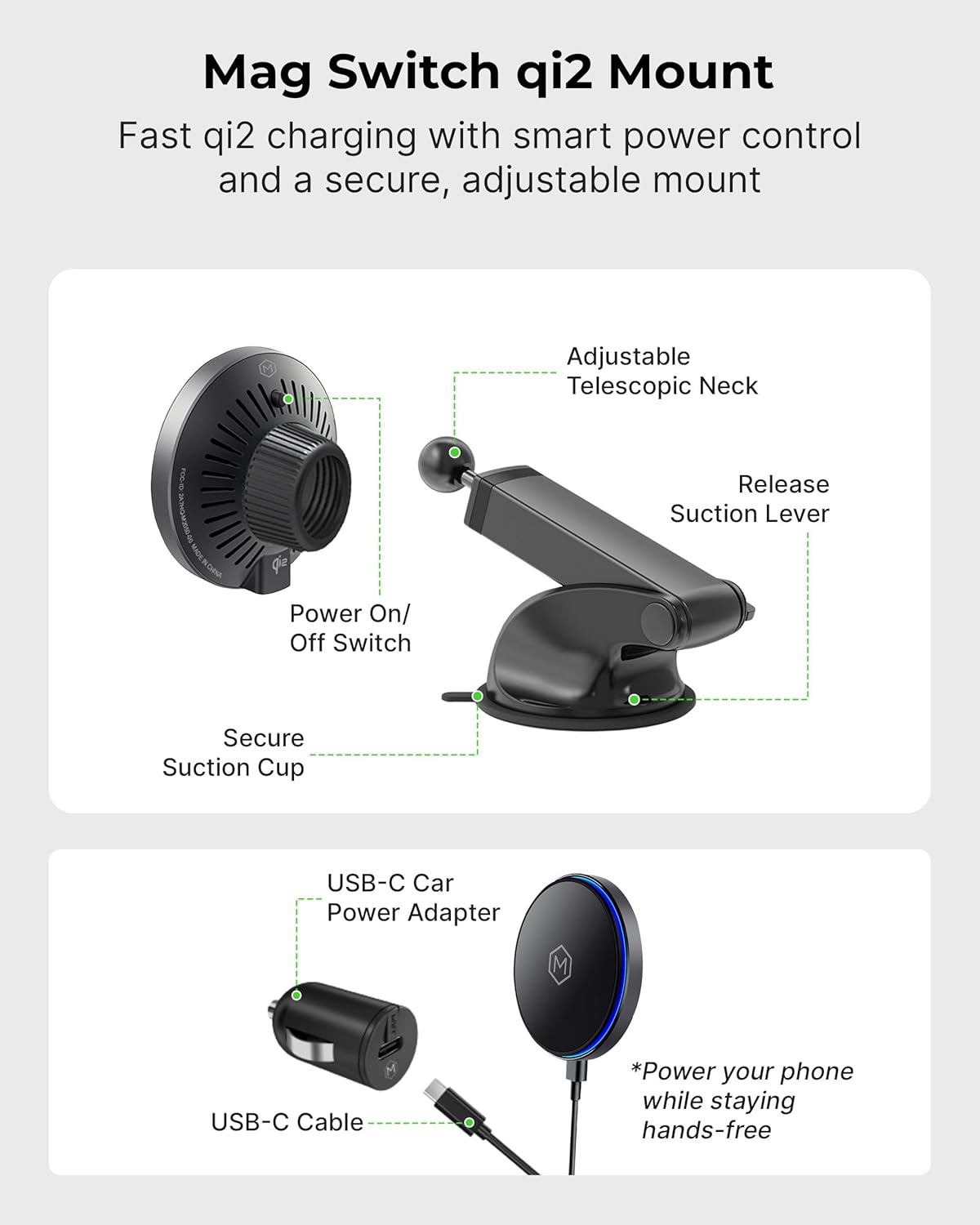 Mag Switch Qi2 Mag Safe Wireless Telescopic Suction Cup Mount, 15W Fast Charger with a Built in on/Off Switch for Smarter Charging, Strong N52 Magnets, Compatible with iPhone 12-17