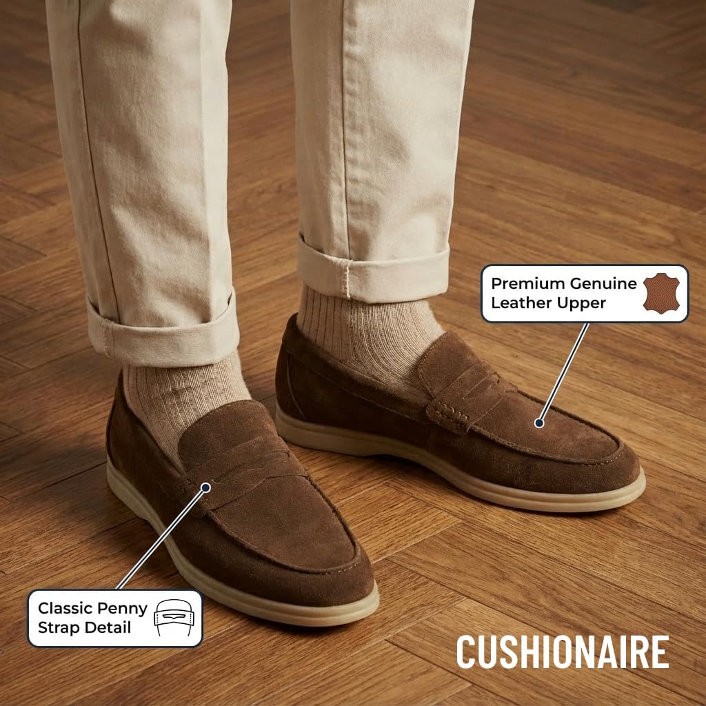 CUSHIONAIRE Selby Men's Genuine Leather Slip-On Casual Penny Loafers – Memory Foam, Rubber Sole