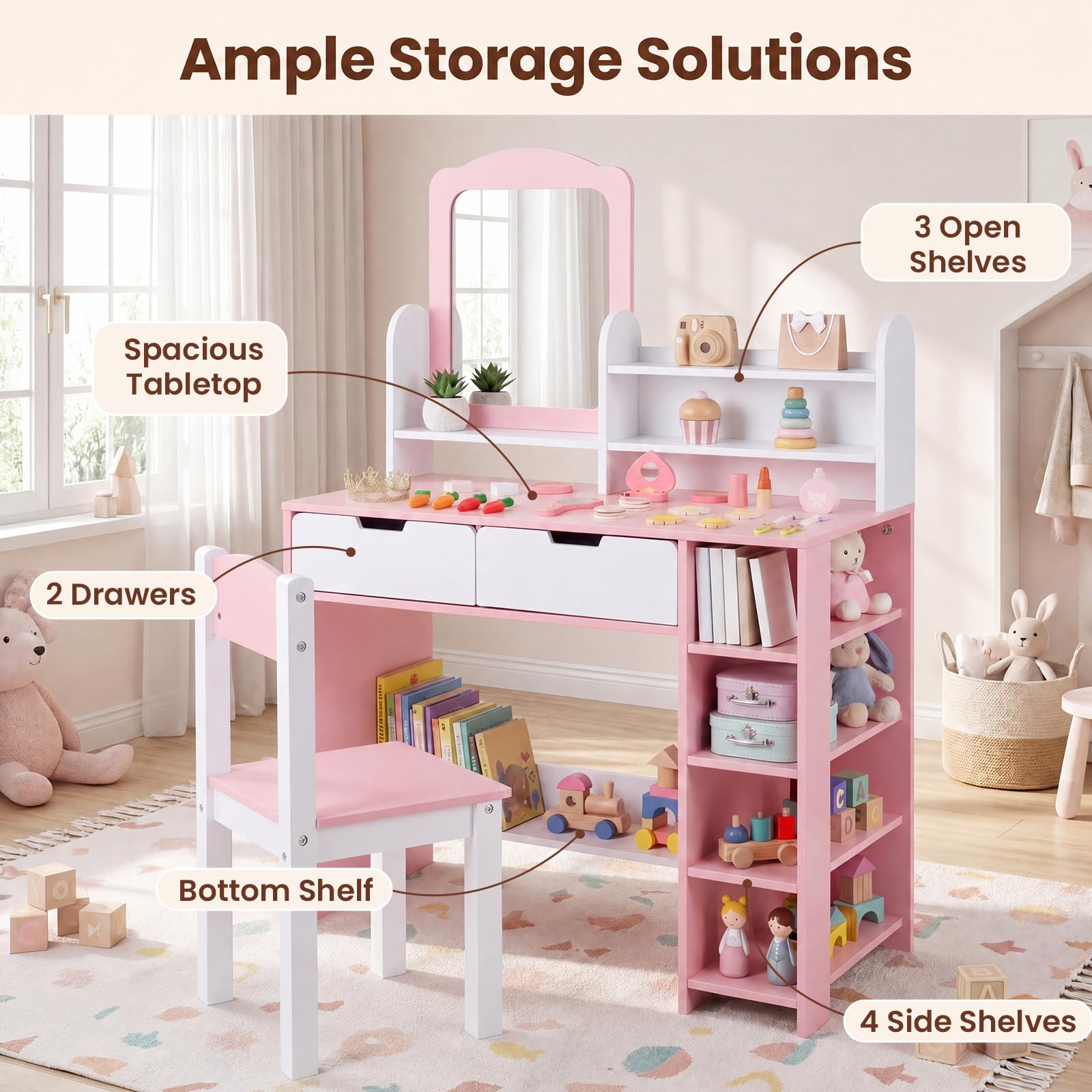 RELAX4LIFE Coiffeuse Enfant avec Miroir et Tabouret, Rangement Multiple