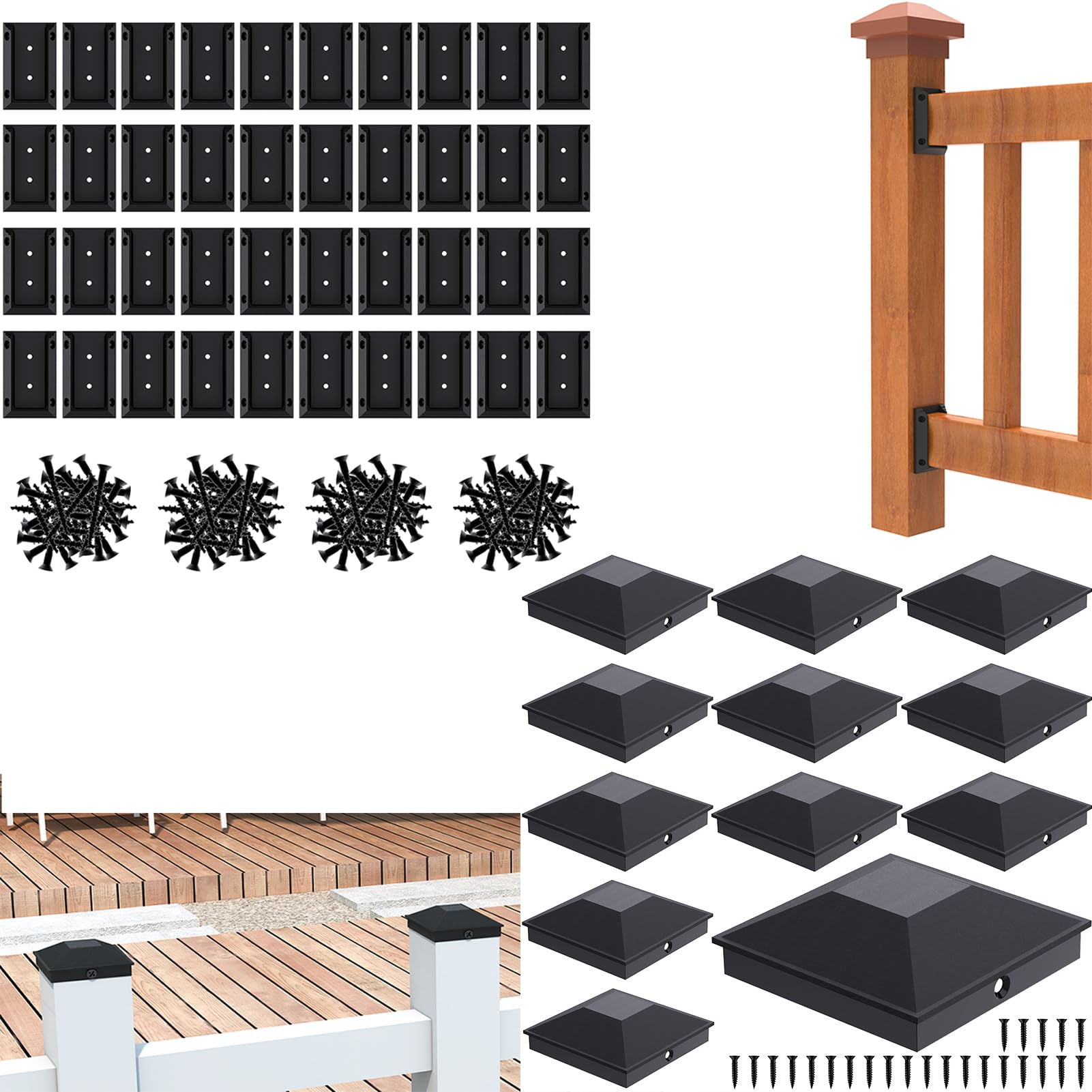Goovilla40 Pack 2x4 Deck Railing Bracket Connectors with 240 PCS Screws, 12 Pack 4x4 Post Caps with 24 Screws, Both for Wood Post