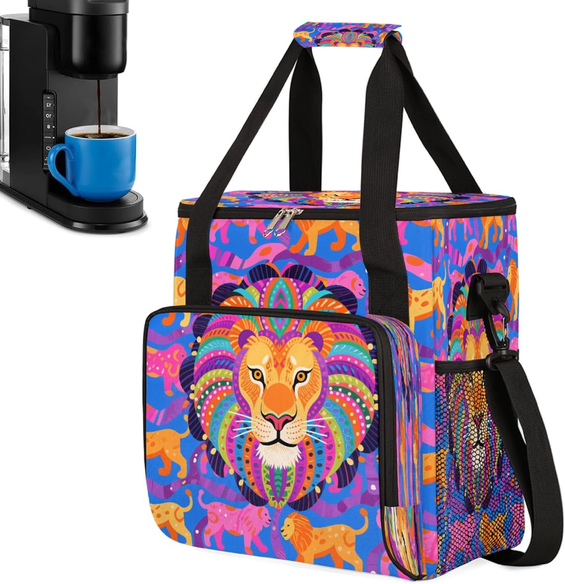 Colorful Lion Portable Coffee Maker Carrying Bag Compatible with Keurig K-Mini or K-Mini Plus - Travel Storage Tote with K-Cup Pod Pockets for Single Serve Coffee Brewer