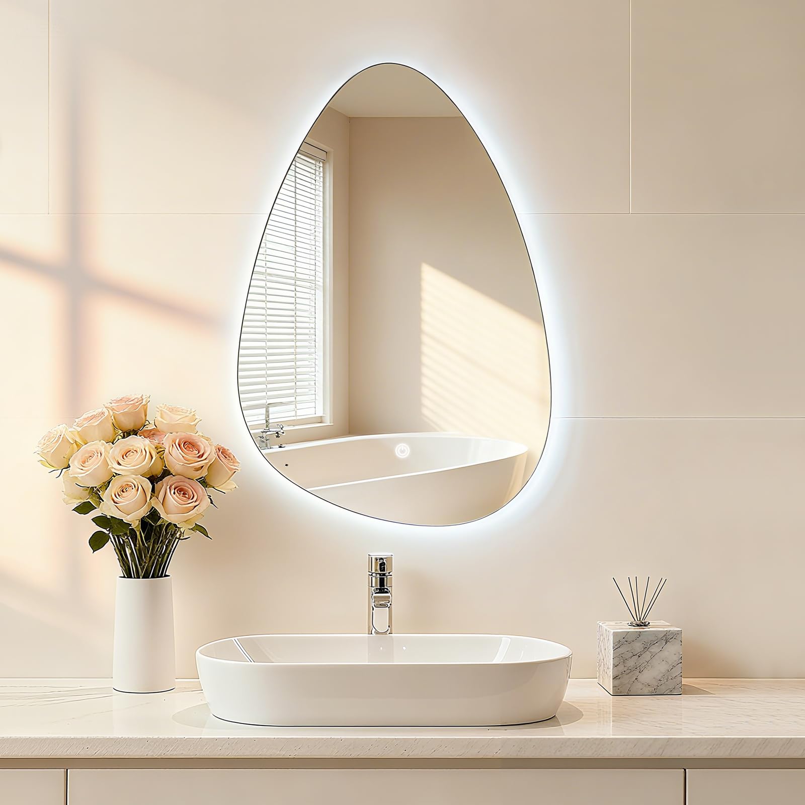 Srtvietae Bathroom Mirror with LED Lights, 400Γ600mm Electric Vanity Mirror with Backlit Lights, Asymmetrical, Wall Mounted Dimmable 3 Color Lighting, IP54, Vertically Only