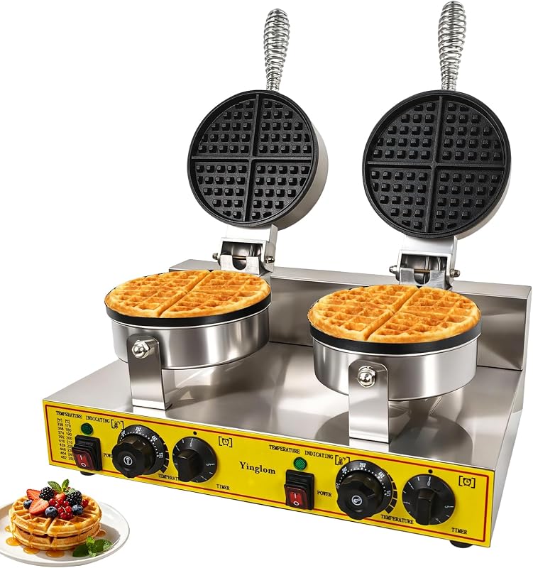 Commercial Double Waffle Maker, 2400W Non-Stick Stainless Steel Dual-Head Belgian Waffle Iron with 122-572℉ Temp Control & Timer, for Restaurants, Bakeries, Snack Bars and Family
