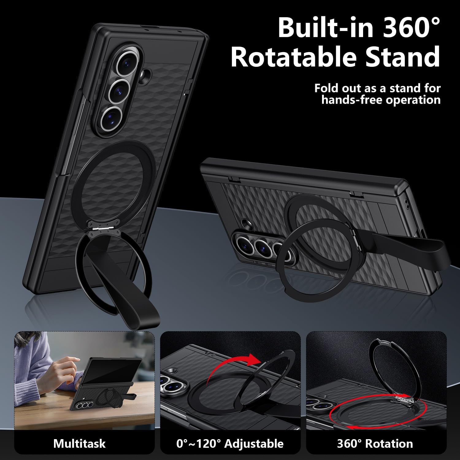 TIANNIUKE for Samsung Galaxy Z Fold 7 Case with Screen Protector,360°Rotatable Magnetic Ring Holder Stand with Silicone Strap,Fit for MagSafe [Non-Slip] Hinge Protective Phone Cases (Black) - Image 4