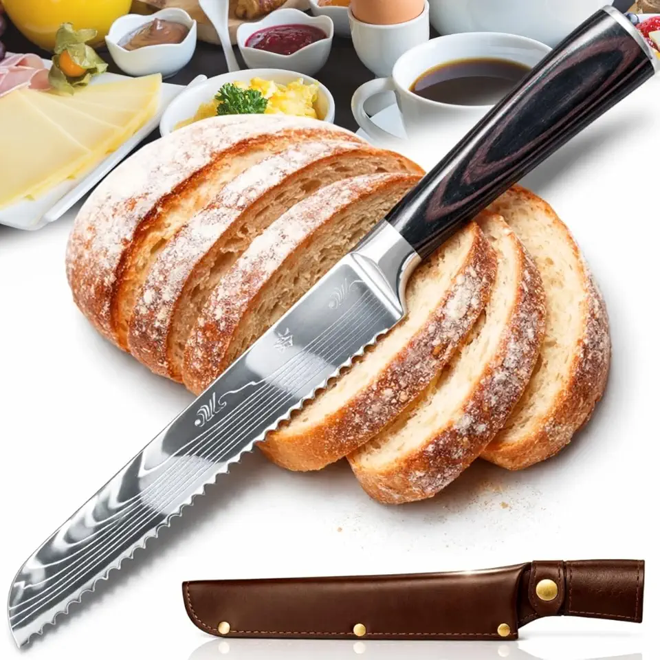 Faca de Pão e Carne Artesanal Ultra Afiada 20cm Lâmina Anti-Corrosiva, Design Espelhado, Construção Robusta Full Tang com Pinos de Reforço e Bainha de Proteção Inclusa.