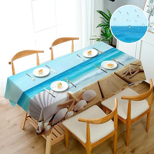 Miniatura 3 de Swono - Mantel de 52 x 72 pulgadas con conchas marinas, conchas de paseo marítimo, estrellas de mar, diseño de océano, estilo granja, mantel para