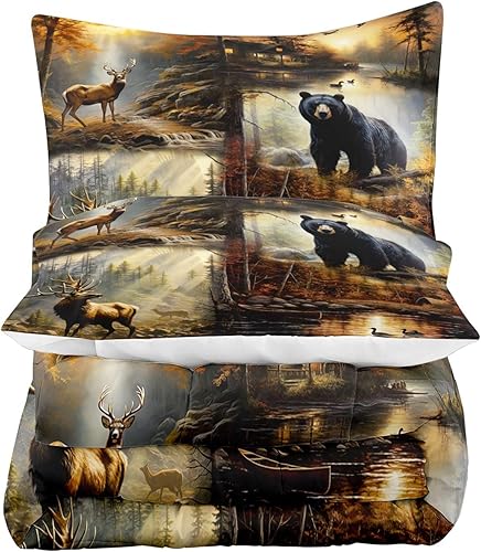 Miniatura 5 de LUVIVIHOME Juego de edredón de 2 piezas de oso negro con ciervo, tamaño individual, alce, alce, pato malardo, bosque, animales silvestres, caza,