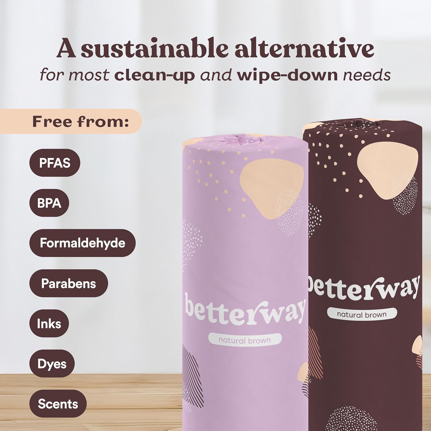 Betterway Bamboo Natural Brown Paper Towels - 8 Rolls, 2 Ply, 110 sheets - Plastic Free, PFAS Free, Disposable Kitchen Paper Towels - Select Size, Tree Free, Compostable, Strong & Absorbent