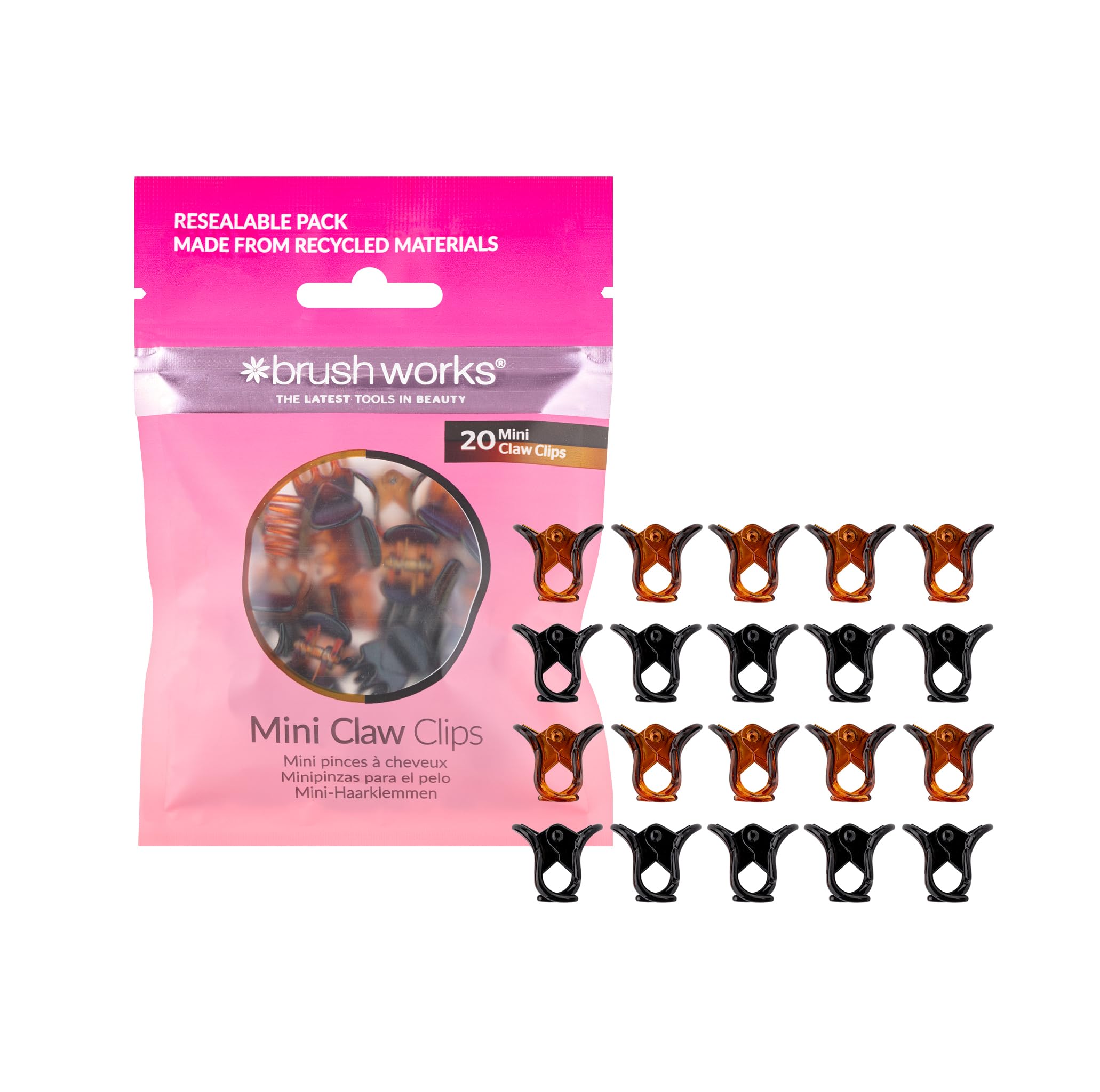 Brushworks Mini Claw Clips (20 Pack) – Small Hair Clips for Thin & Thick Hair, Non-Slip, Strong Grip, Black & Brown Clamp Clips for Women & Girls