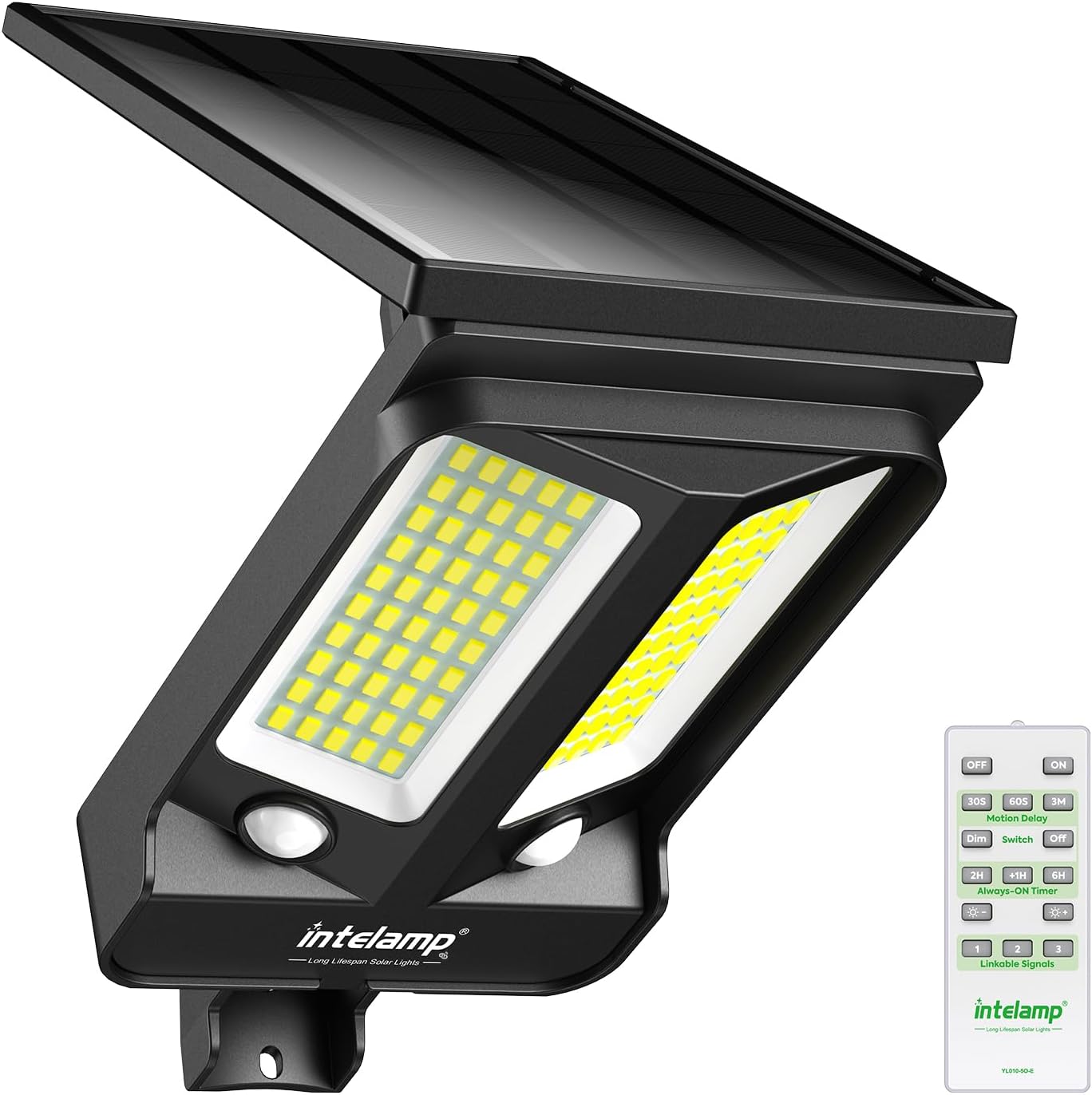 intelamp Solar Flood Lights Outdoor Waterproof, 4000mAh 1200LM Linkable Dual Motion Sensor Security Floodlight Exterior with Remote Controller 2-12h Timer Dusk to Dawn Spots Lighting Outside