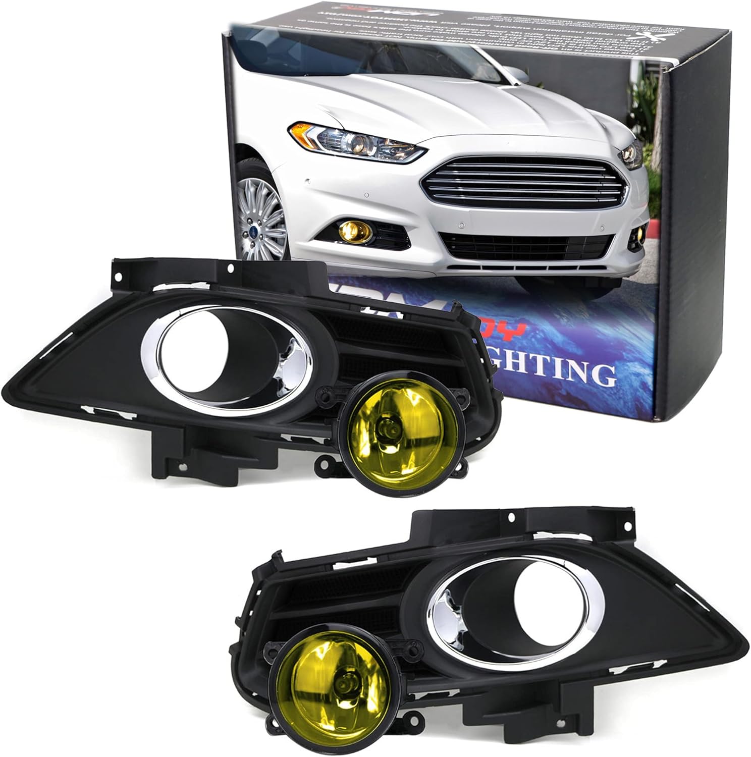 iJDMTOY Complete Set Yellow Lens Fog Lights Foglamp Kit with Halogen Bulbs, Wiring On/Off Switch and Garnish Bezel Covers/Brackets Compatible With 2013-2016 Ford Fusion