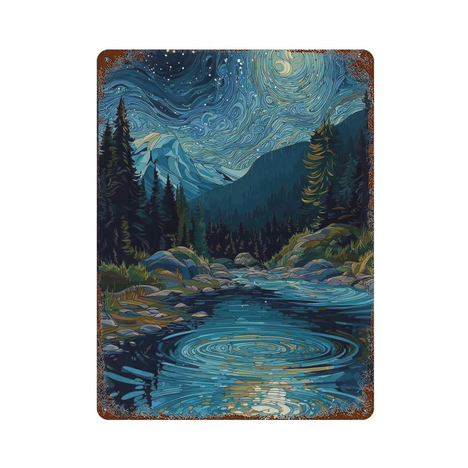 Starry Night River Reflections Retro Metal Sign 15.7"x11.8", for Bistro, Counter And Cafe Decor, Rustic Home Decor
