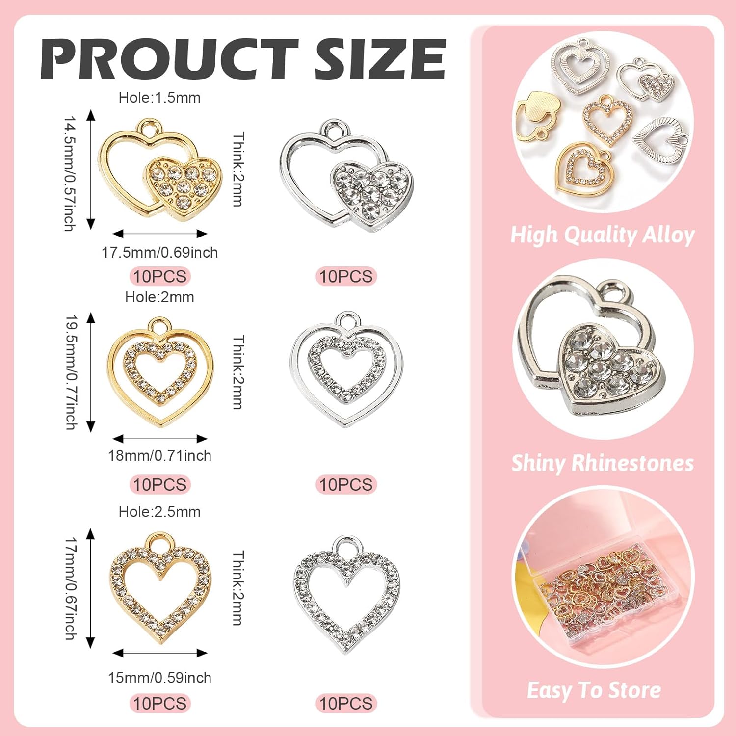 Craftdady Rhinestone Heart Charm Pendants for Jewelry Making Alloy Crystal Double Heart Dangle Charms Gold Sliver Love Pendants for Mother's Day Bracelets Necklaces Earrings Crafts - Image 3