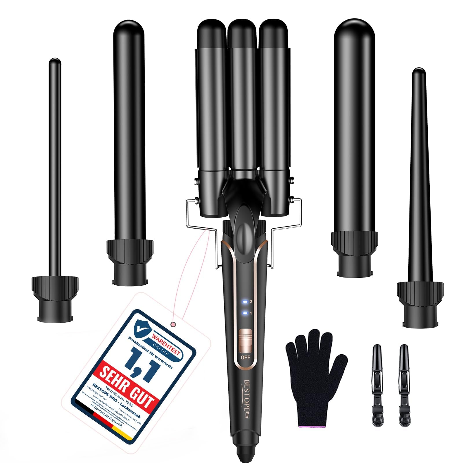 BESTOPE PRO 5 in 1 Beach Waver Hair Curler, 9-32mm Curling Iron Wand with 2 Temperature Settings, Mermaid Hair Styling Tool with Heat Resistant Glove & Clips for Long Medium Short Hair