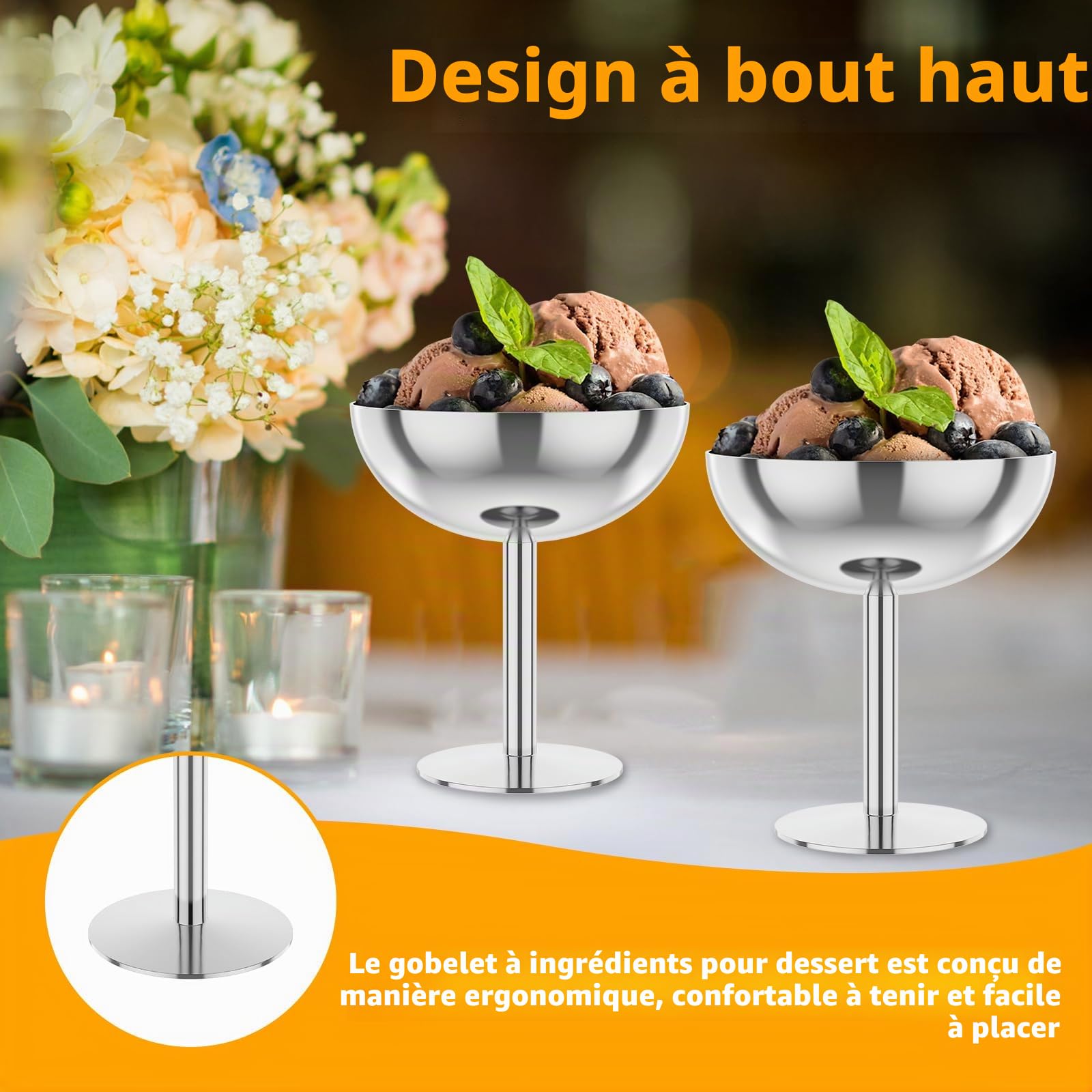 8x coupes a glace en inox avec pied – 200 ml – pour réceptions | Coupelle dessert élégantes pour glace, pudding, fruits et salade – bols polyvalents, passant au lave-vaisselle et incassables