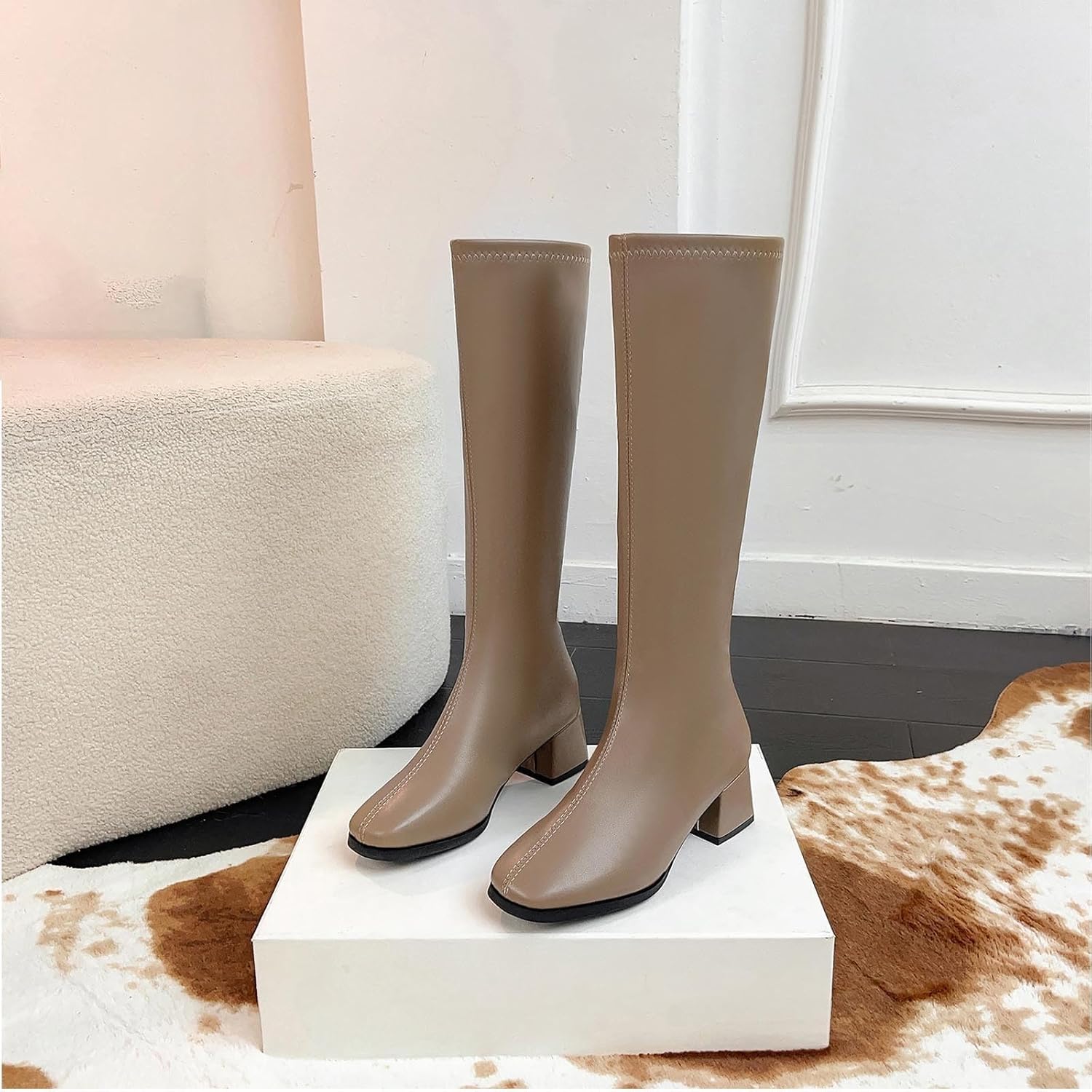 Women's Knee High Boots Chunky Heel Fashion Boot, Slimming Solid Color Pointed Toe Long Booties for Warm Winter