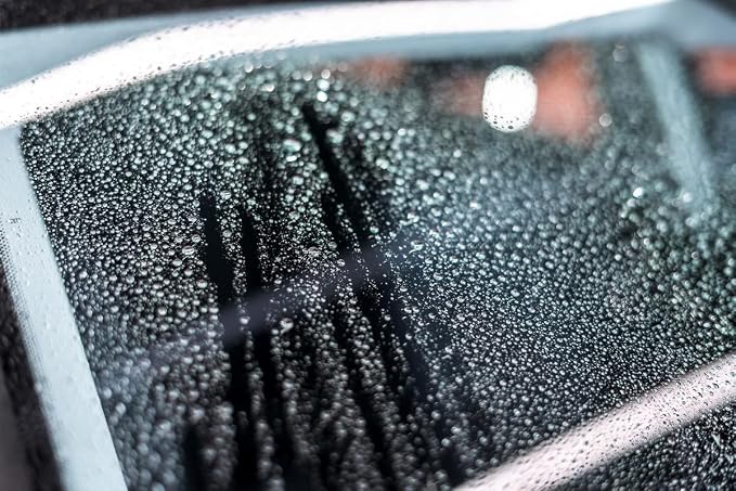 Vista detalhada de um vidro automotivo com gotas de água peroladas após aplicação do cristalizador