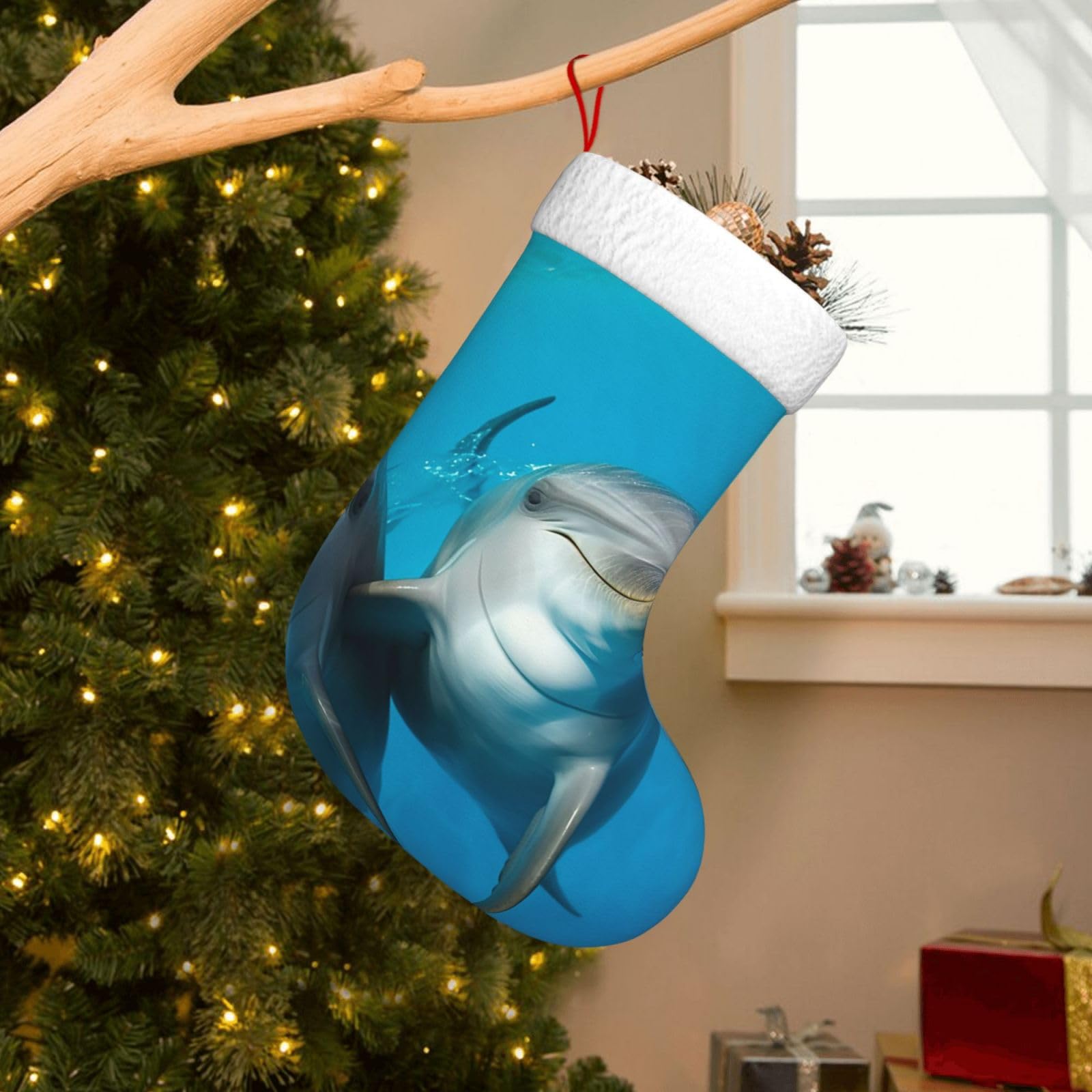 Velvet Christmas Stockings 17.7 Inch, Smiling Face Dolphins Xmas Stocking with Soft Cuff,Classic Personalized Christmas Tree Decoration for Family Holiday New Year Party Supplies