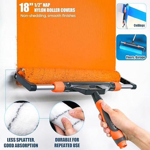 Miniatura 5 de PinStone - Juego de 10 rodillos de pintura grandes, marco de rodillo ajustable de 12 a 18 pulgadas, mango ergonómico, postes de extensión de acero