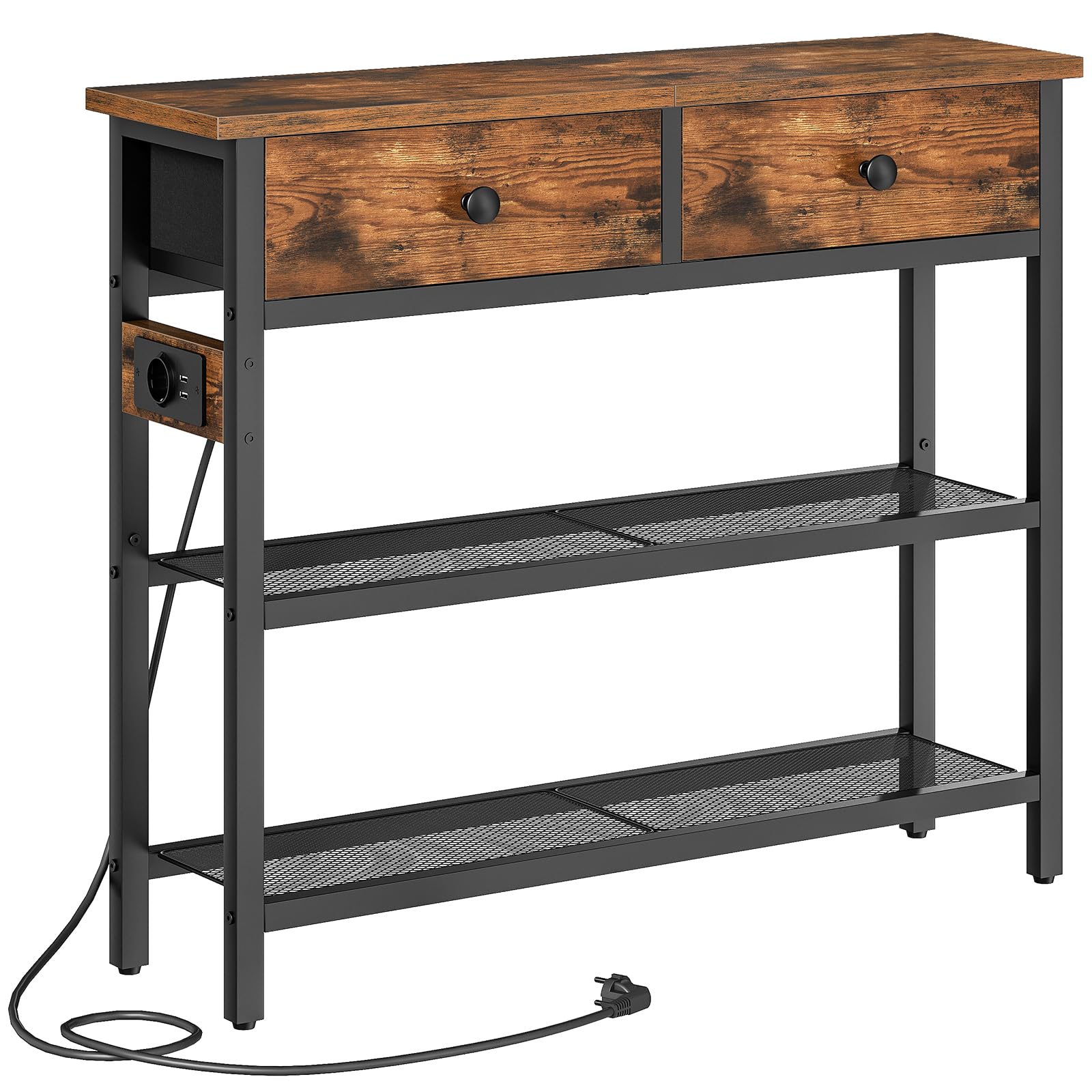 HOOBRO Mesa de Consola de 75 cm, Mesa de Entrada con Regleta, 2 Cajones de Tela, Estantes de Rejilla Metálicas, Expositor, para Entrada, Pasillo, Sala de Estar, Marrón Rústico y Negro EBF72CXG01