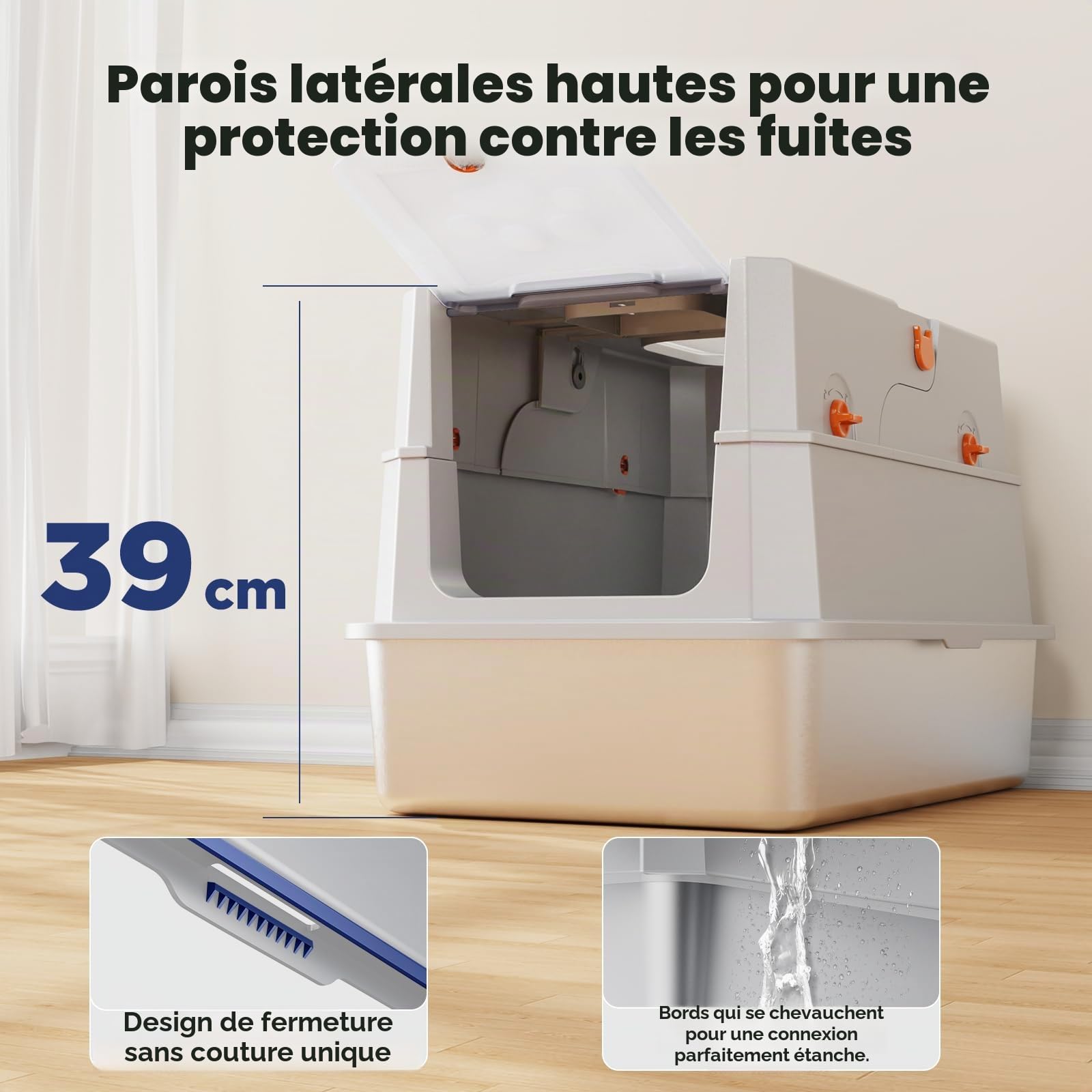 MIXJOY Bac à Litière en Acier Inoxydable XXL avec Couvercle, Toilette pour Chat en Acier Inoxydable à Deux Portes, Bac Fermé avec Pelle, Facile à Nettoyer, Convient pour Chats de Grande Taille