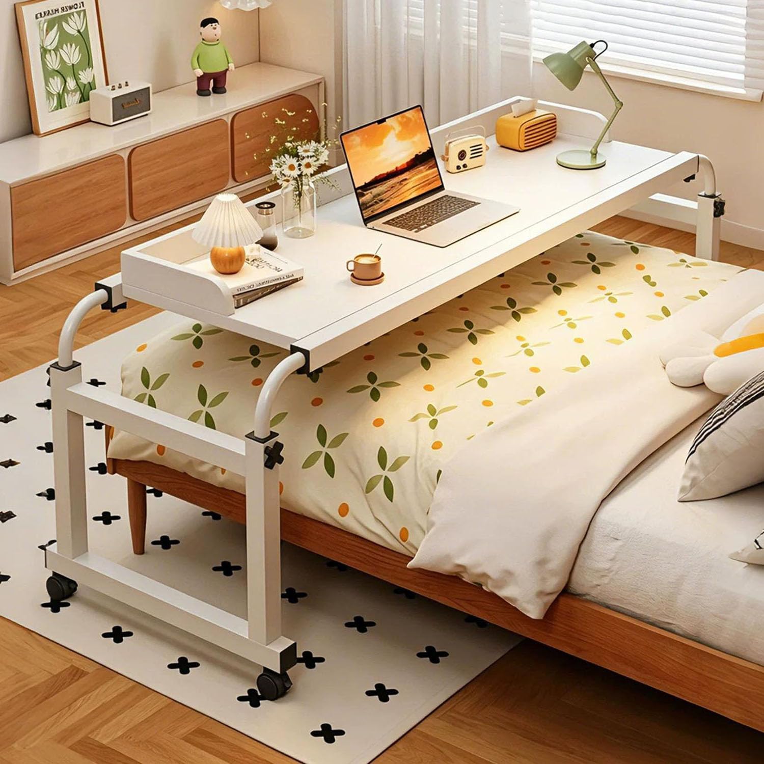 GXQFC Rolling Overbed Computer Desk with Lockable Wheels, Height Adjustable Cross Bed Table with Baffle, Mobile Breakfast Tray Table for Working, Dining & Hospital Care(Color:White)