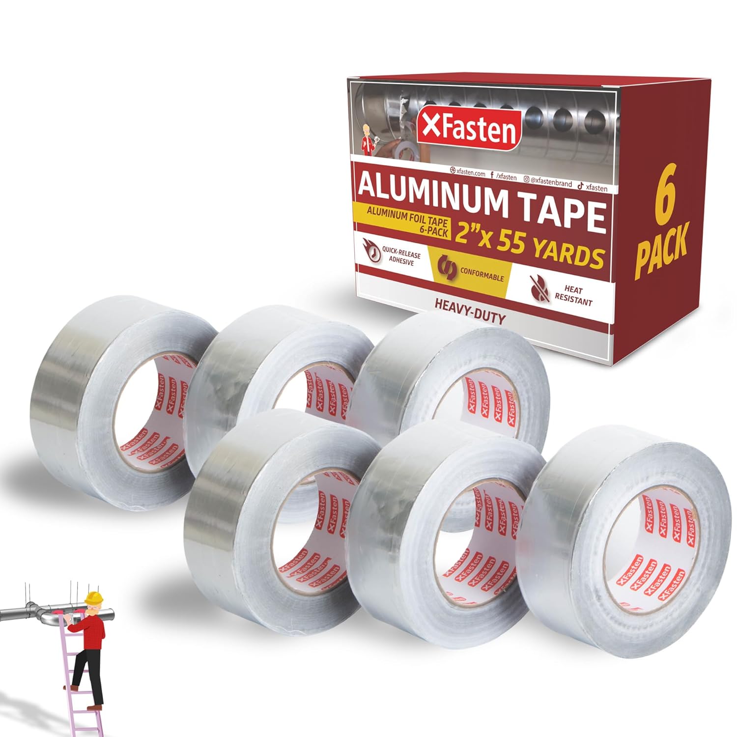 XFasten Aluminum Foil Tape for Ductwork 2 Inch x 55 Yard 6-Pack 3.6mil Aluminum Tape for Ductwork Heavy Duty Dryer Vent Tape Foil and Seal HVAC Tape for Ducts, HVAC Duct Tape, Silver