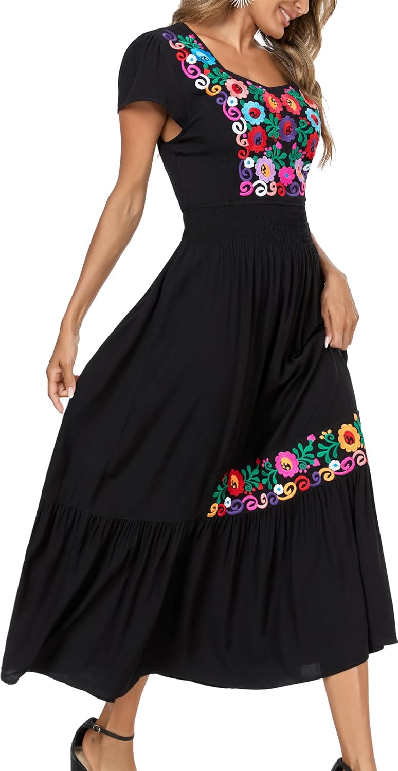 Women's Summer Maxi Dress Casual Floral Embroidered Round Neck Short Sleeve Ruffle Tiered Dress Flowy Boho Beach Sundress - Image 5