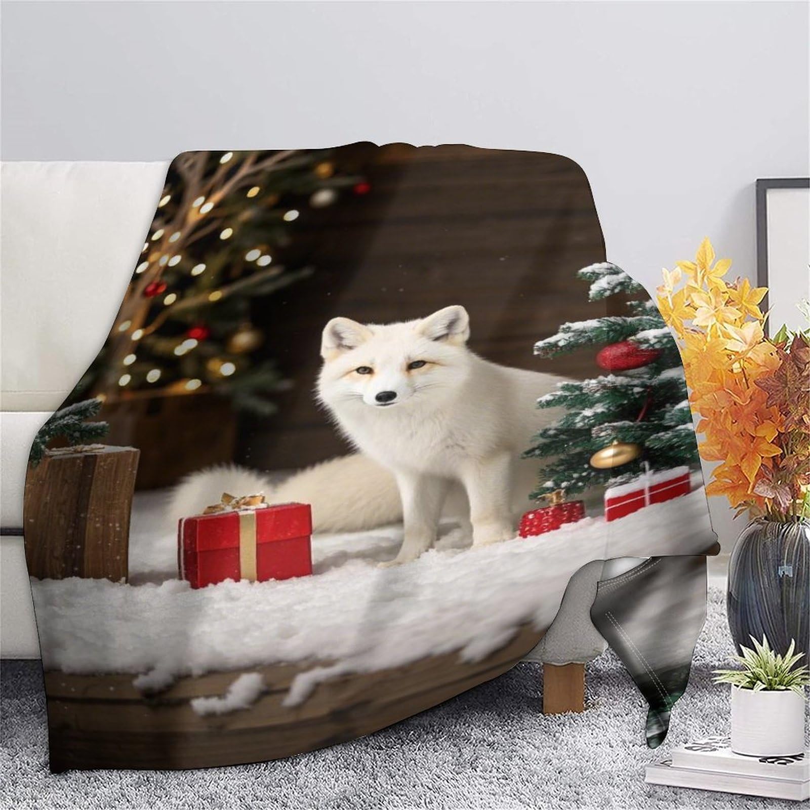 Coperta natalizia con stampa 3D Fox & Snow per adulti, super morbida, con accogliente flanella anti-pelucchi, per adulti e bambini, 150 x 200 cm