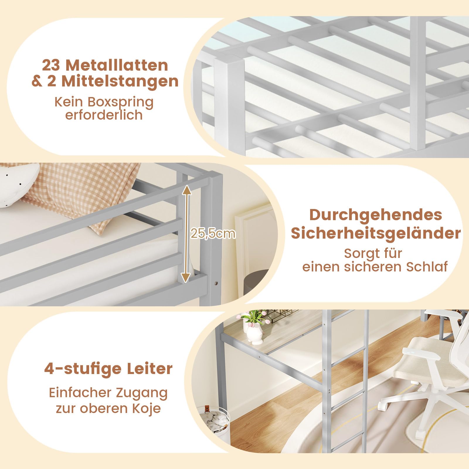 COSTWAY Łóżko piętrowe z biurkiem 90 x 200 cm, łóżko piętrowe z oświetleniem LED, stacja ładująca i 2 półki, łóżko piętrowe z metalu, z balustradą bezpieczeństwa i drabinką, łóżko młodzieżowe (srebrne