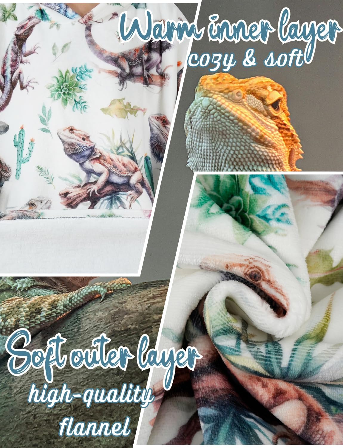 Bearded Dragon Gifts for Women Men, Cozy Reptile Pet Blanket Hoodies for Bearded Dragon Lovers, All-Over Lizard with Plants & Rocks, One Size Fits All