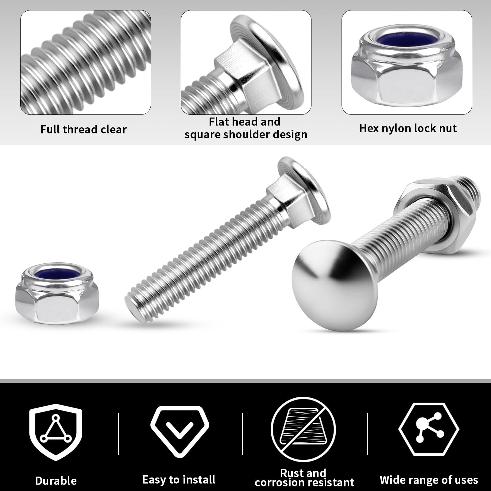 Nuts OT nuts 30 PCS Coach Bolts M5 x 30mm Cup Square Carriage Bolts and Hex Nylon Lock Nut Set Zinc Plated Carbon Steel Carriage Bolts for Wood Furniture Construction - Image 3