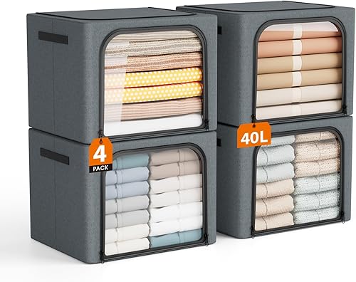 Paquete de 4 cubos apilables de almacenamiento de ropa para armario, caja organizadora de almacenamiento de tela de 40 litros con marco de metal,