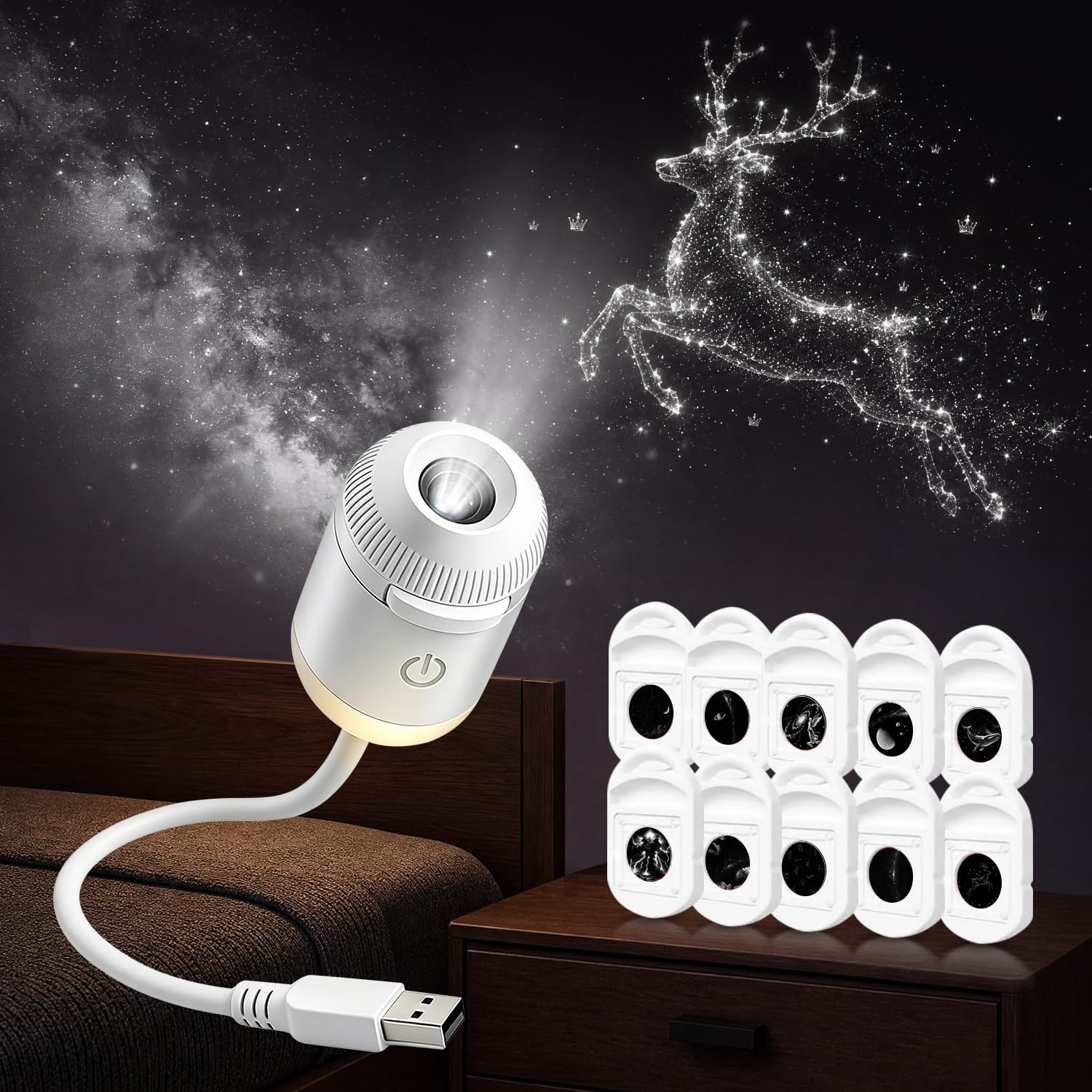 Proyector Galaxy Star 2 en 1, luz nocturna holográfica inteligente HD con | Proyector espacial oceánico para dormitorio, rotación USB de 360°, proyector de estrellas Plug and Play para camping