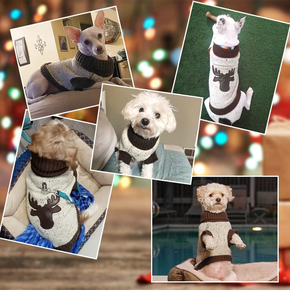 BINGPET Turtle Neck Dog Sweater - Brown Bone Pattern - Puppy Winter Warm Cloth for Small Medium Large Dogs