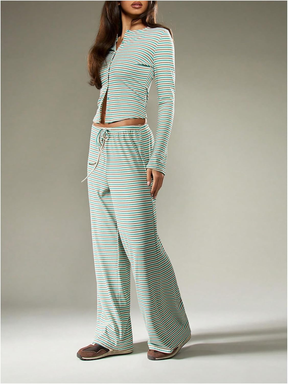 WDIRARA Women's Striped 2 Piece Pants Outfits Long Sleeve Button Down Knit Top Set Leisure Fall Casual