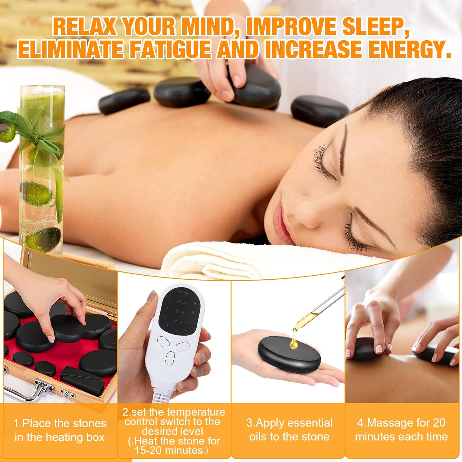 Hot Stones Massage Set 18 Pieces Basalt Hot Rocks Massage Rocks Kit Black Smooth Stones for Professional Home Spa Warming Relaxing Pain Relief, Constant 50°c (122°f)(Adjustable Temperature Wood Box)