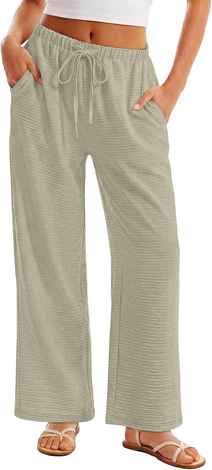 Womens Palazzo Pants Casual Loose Fit Drawstring Flowy Pants Wide Leg Summer Beach Vacation Trousers with Pockets