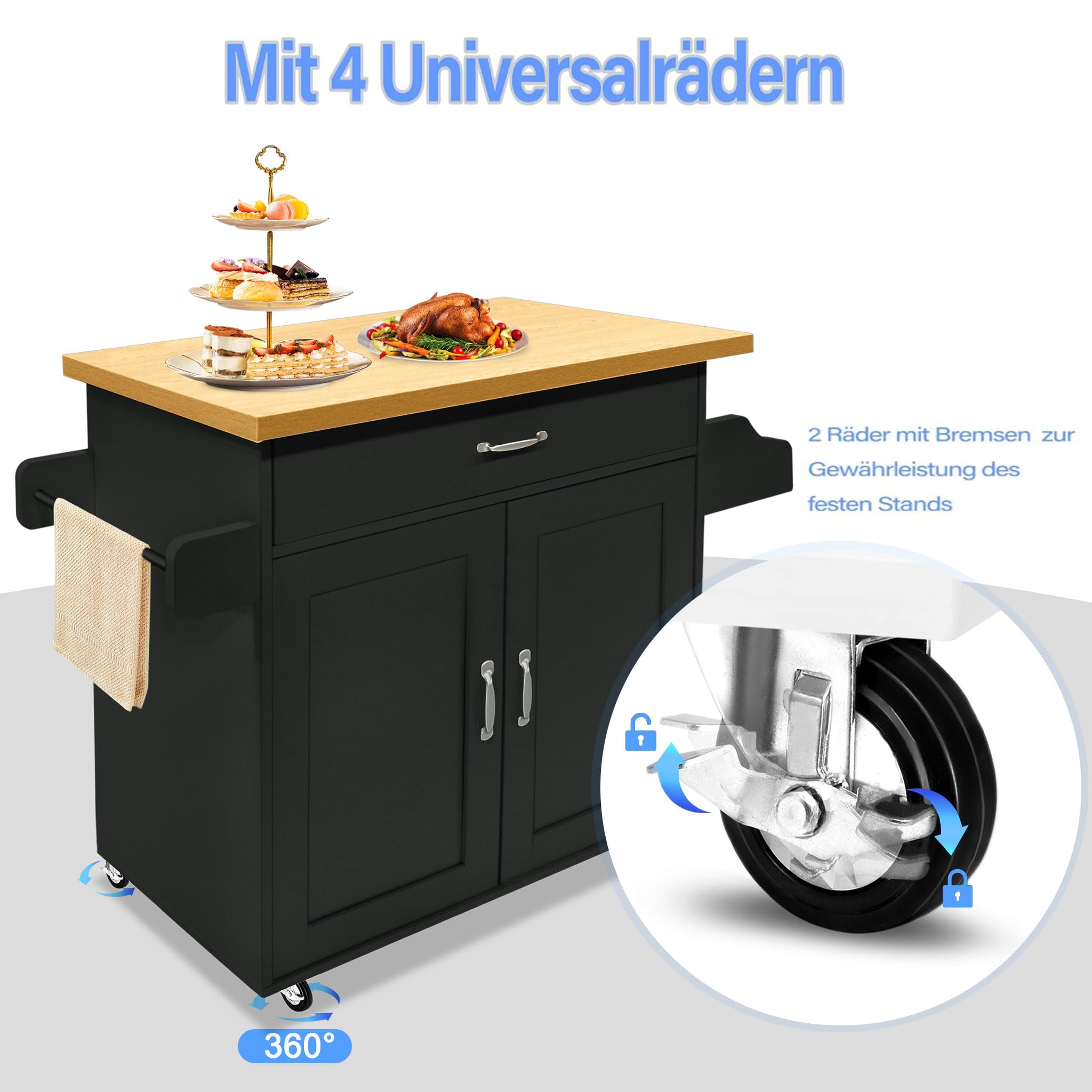 UISEBRT Carro de cocina con tablero de trabajo de madera, armario de cocina con ruedas con cajón y estante, carrito de servir de estilo rústico, carro de cocina móvil, negro