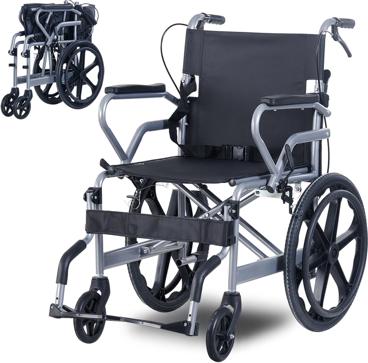 SXSLTSA Portable Folding Wheelchairs Lightweight 13.6KG Self Propelled & Attendant Propel Wheelchair with Brakes, Safety Belt Adjustable Footrest (Grey)
