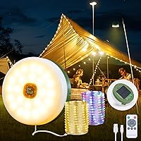 Vista 8 de Cadena de luces solares para campamento, retráctil, impermeable, 33 pies, luz LED de campamento con 8 modos de luz, luces decorativas recargables