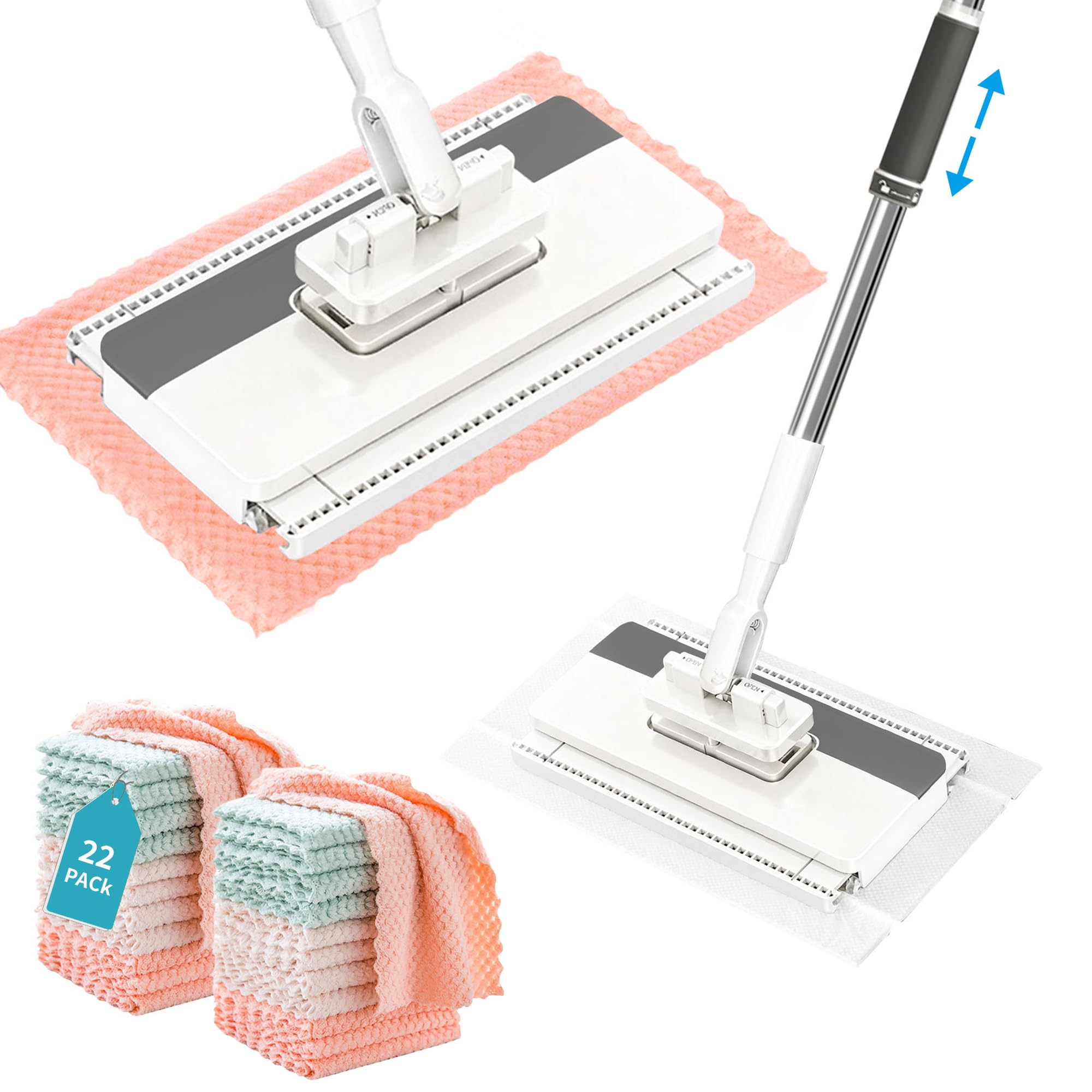 Lazy Snap Grip płaski mop bez użycia rąk, jedno kliknięcie, 22 x zmywalne podkładki z mikrofibry | Uchwyt zatrzaskowy jednym kliknięciem pasuje do każdej tkaniny, obrotowy o 360° długi uchwyt, czyszczenie na mokro i na sucho