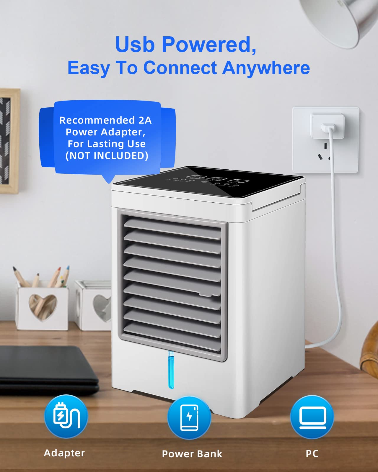 Draagbare airconditioners, persoonlijke verdampingsluchtkoeler met 3 windsnelheden, touchscreen, kleine airconditioningventilator, desktopkoelventilator voor kamer, slaapkamer, kantoor, camping