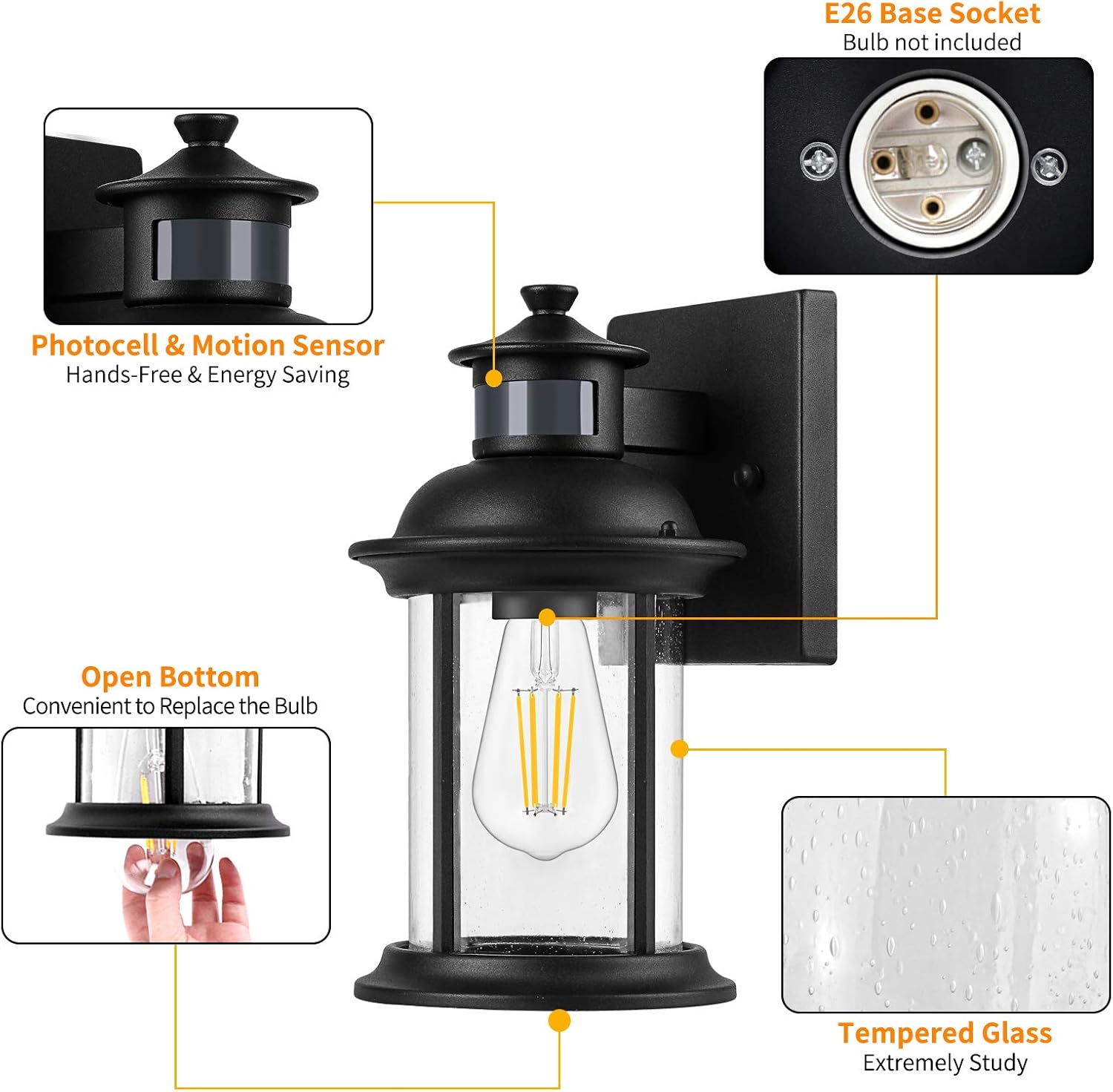 Motion Sensor Outdoor Wall Light, Dusk to Dawn Outdoor Lighting Fixtures Wall Mount, Waterproof Exterior Light Fixture, Black Porch Light with Water Drop Tempered Glass for House Garage, Outside, Yard