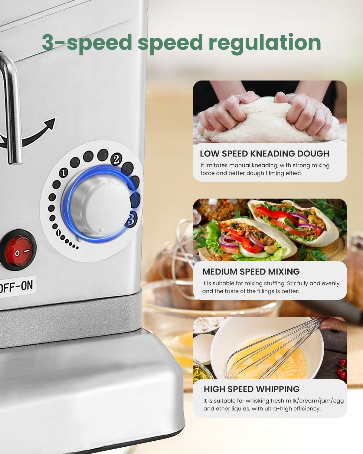 Huanyu Batidora Mezclador de Soporte Comercial con Gancho de Masa 3 en 1 Batidor Plano Máquina de Mezcla Alimentos Multifuncional Eléctrica Comercial 10QT 500W