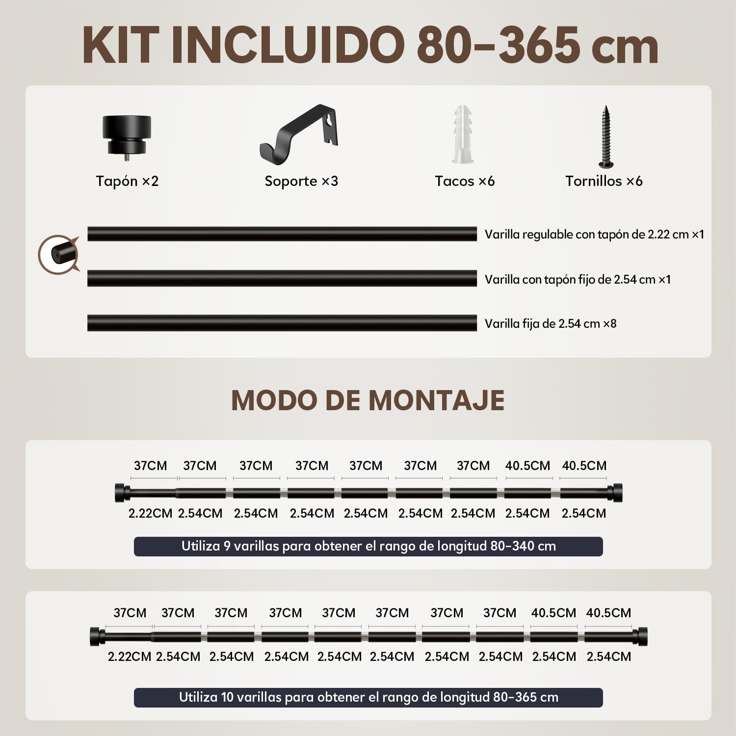 Barra Cortinas Extensible Negra 80-365 cm,Metal Reforzado | DiáMetro 25 Mm, InstalacióN Mural,Apta Para SalóN, Dormitorio, Cocina Y Todas Las Ventanas, InstalacióN Sencilla